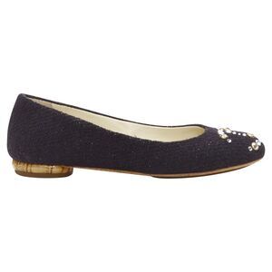 Chanel Tweed Crystal CC Embellished Logo Round Toe Flat Shoes